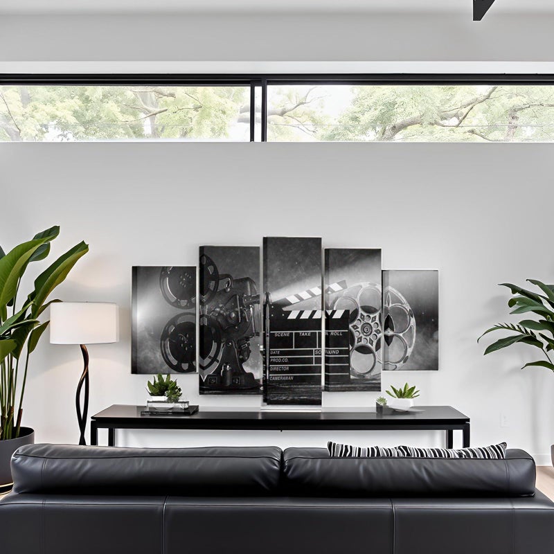 LevvArts Large 5 Piece Canvas Wall Art Classic Old Fashion Film Reels Poster Filmmaking Concept Scene Black and White Pictures for Bar Pub Home Movie Theater Media Room Decor Ready to Hang - Image 4